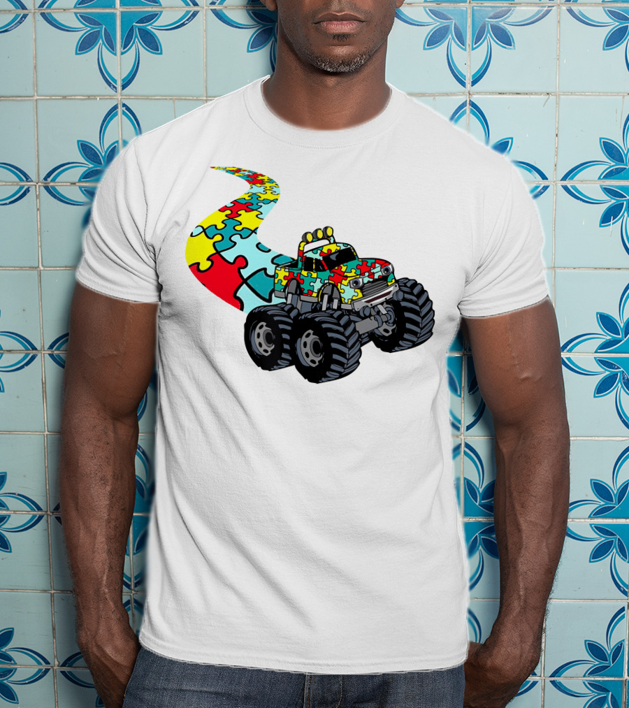 Autism Awareness Puzzle Piece Monster Truck For Boys T-Shirt