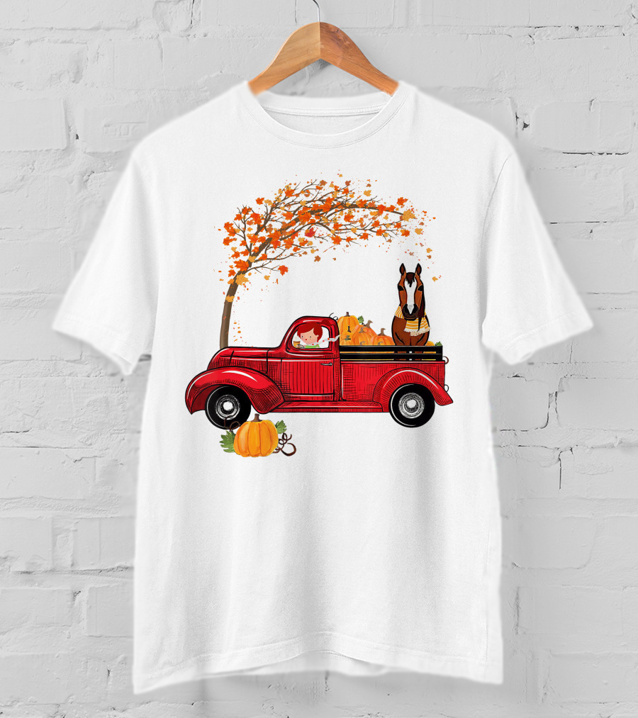 Autumn Fall Season Red Truck Horse Pumpkins Thanksgiving Day T-Shirt