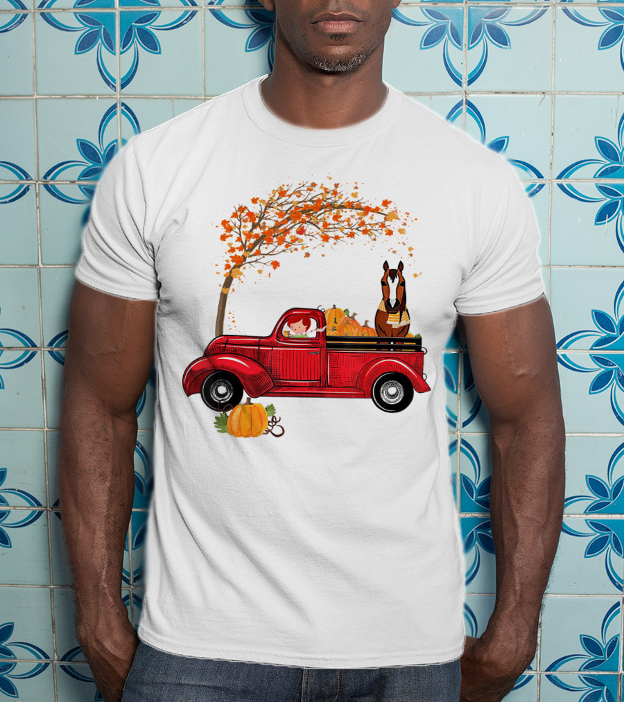 Autumn Fall Season Red Truck Horse Pumpkins Thanksgiving Day T-Shirt