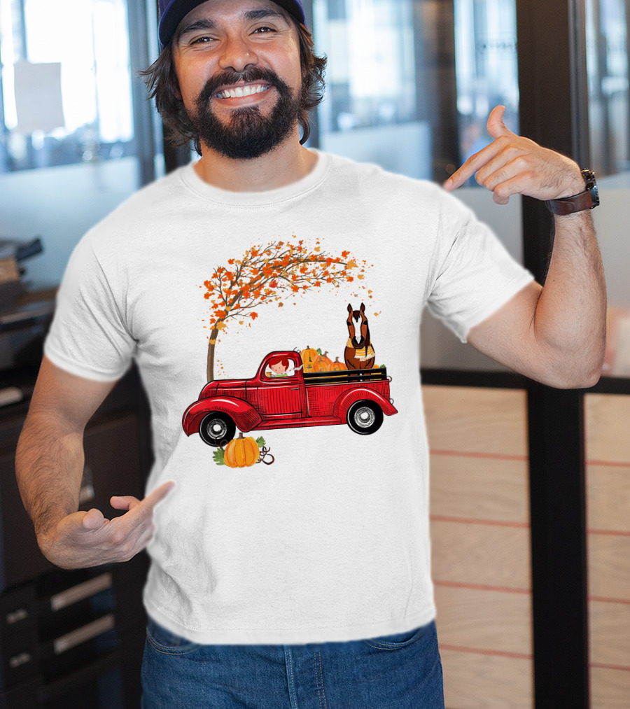 Autumn Fall Season Red Truck Horse Pumpkins Thanksgiving Day T-Shirt