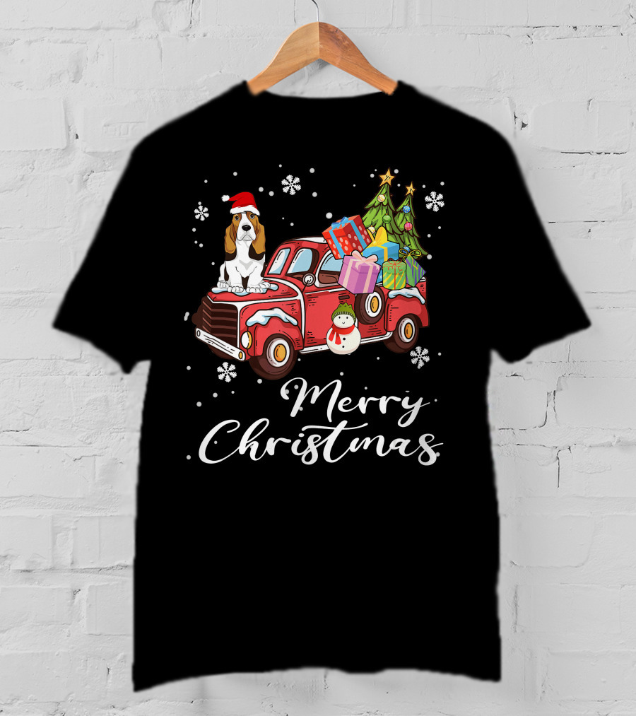 Basset Hound With Gifts And Snowman On Red Truck Merry Christmas T-Shirt
