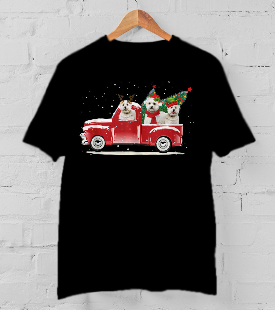 Bichon Frise Reindeer And Santa Christmas Truck With Trees T-Shirt