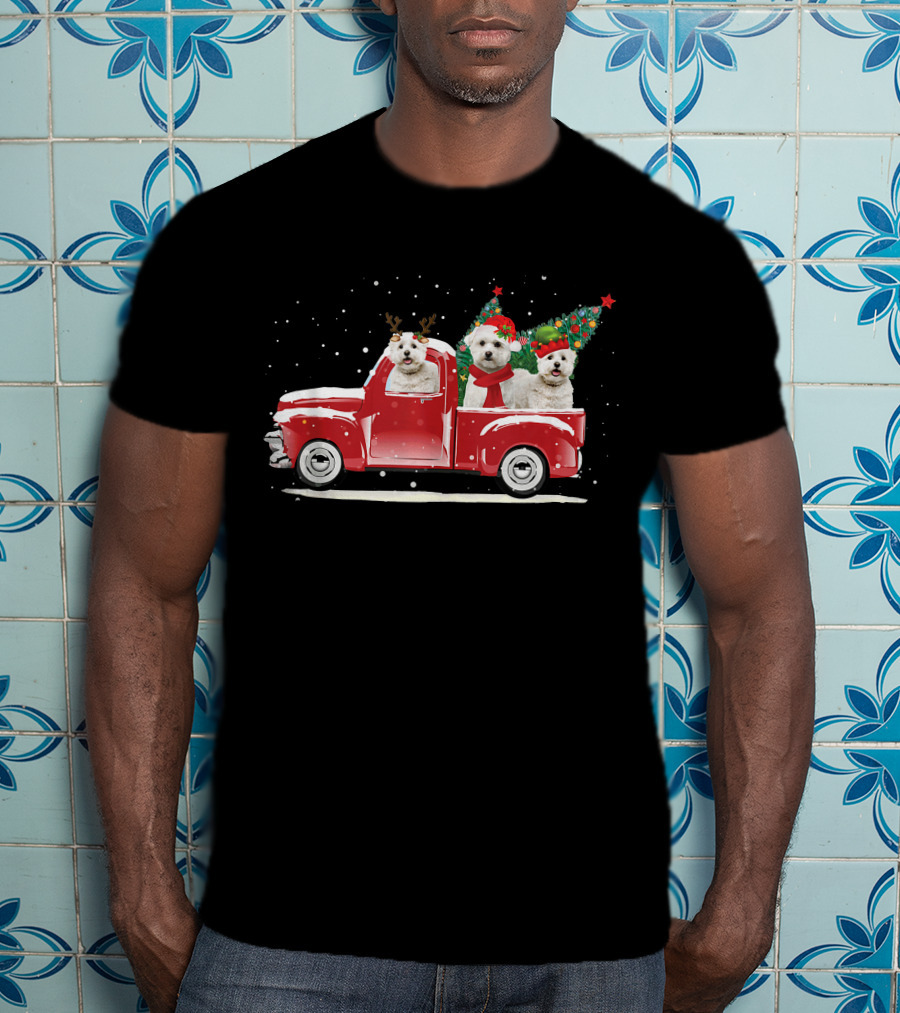 Bichon Frise Reindeer And Santa Christmas Truck With Trees T-Shirt