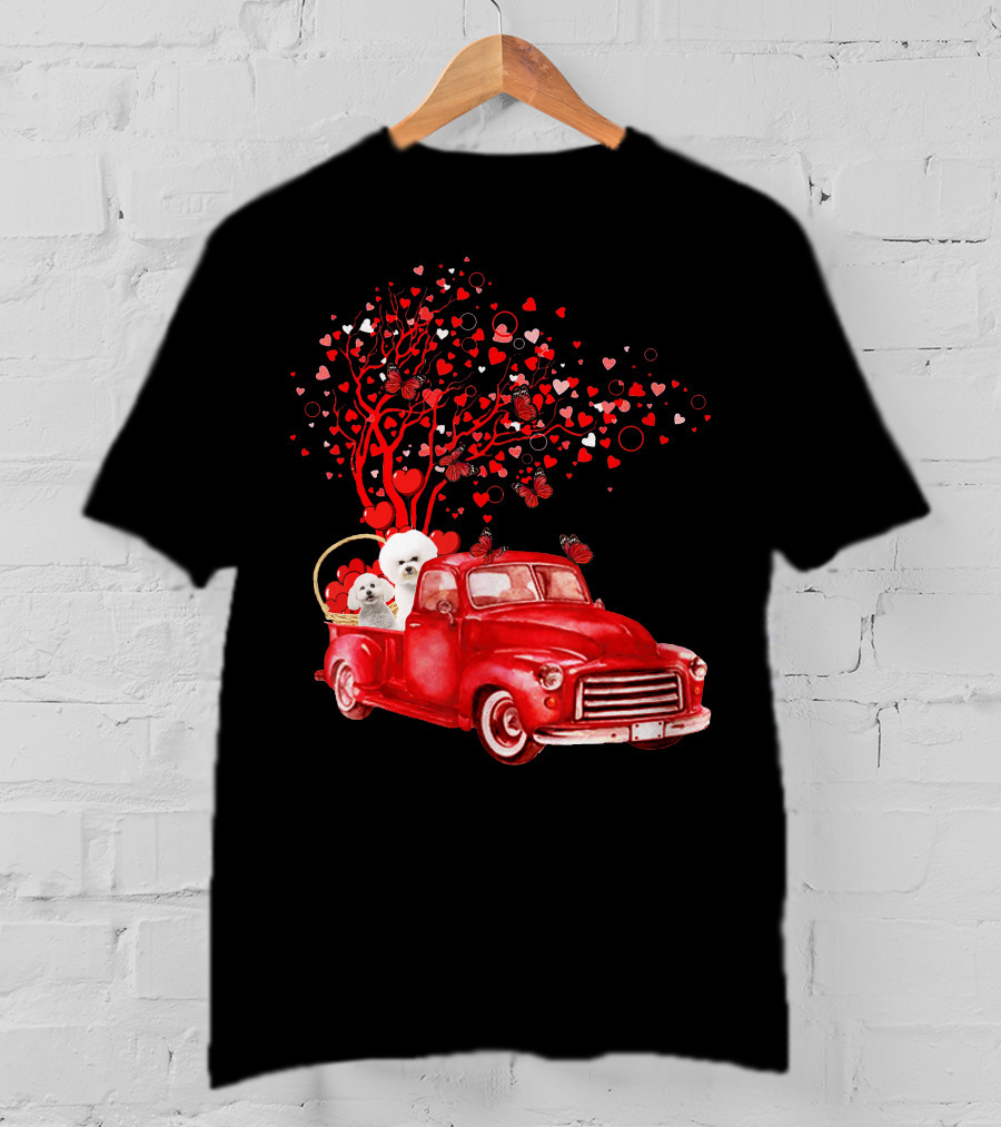 Bichon Frise Valentine Red Truck With Heart Tree And Butterflies T-Shirt