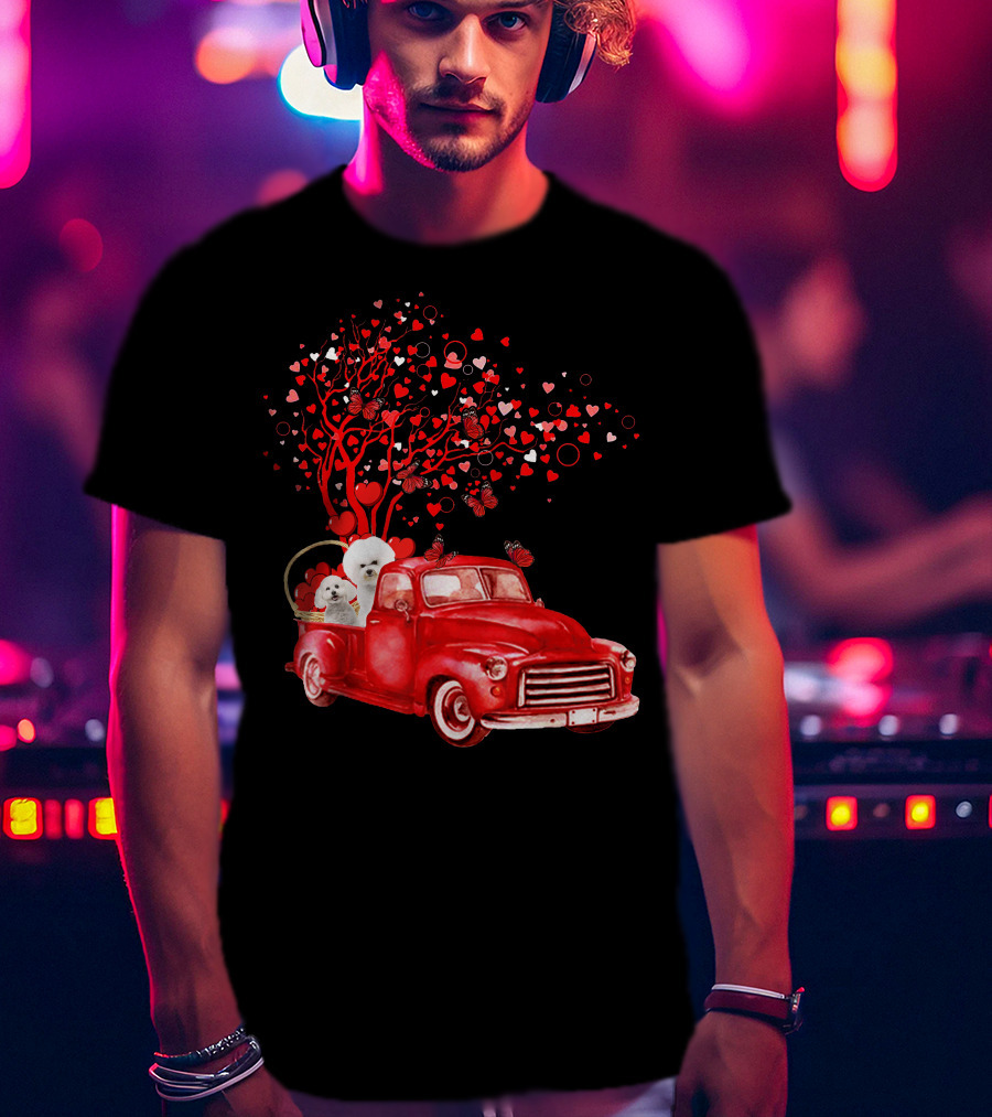 Bichon Frise Valentine Red Truck With Heart Tree And Butterflies T-Shirt