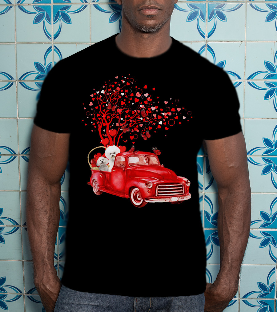 Bichon Frise Valentine Red Truck With Heart Tree And Butterflies T-Shirt