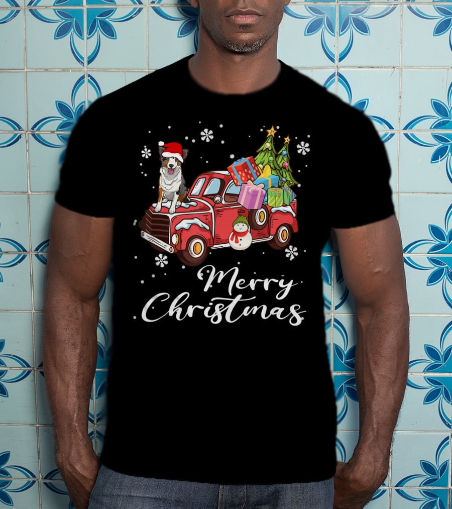 Border Collie On Red Truck With Gifts Snowflakes And Merry Christmas Text T-Shirt