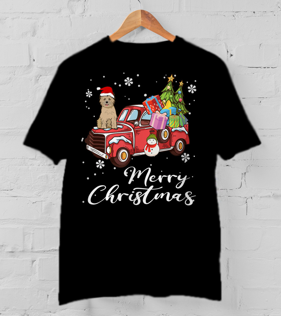 Cairn Terrier Riding Red Truck Merry Christmas Snowflakes Presents Tree Snowman T-Shirt