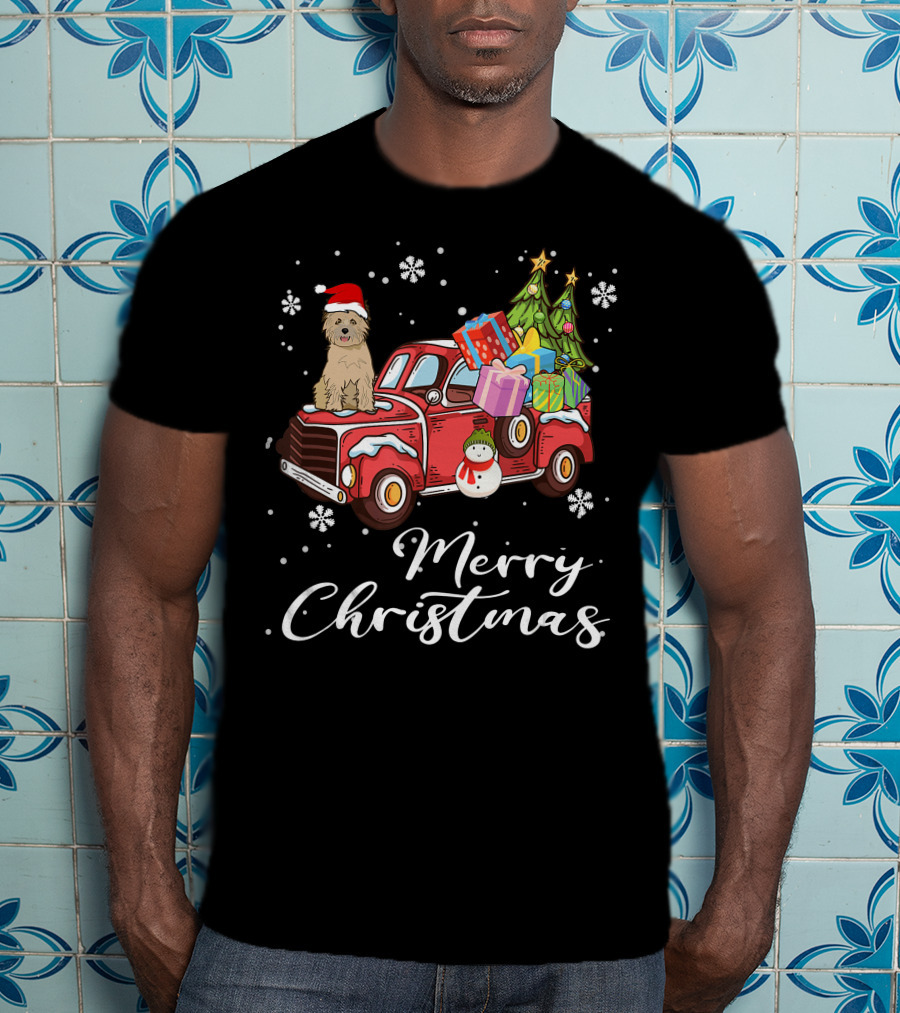 Cairn Terrier Riding Red Truck Merry Christmas Snowflakes Presents Tree Snowman T-Shirt