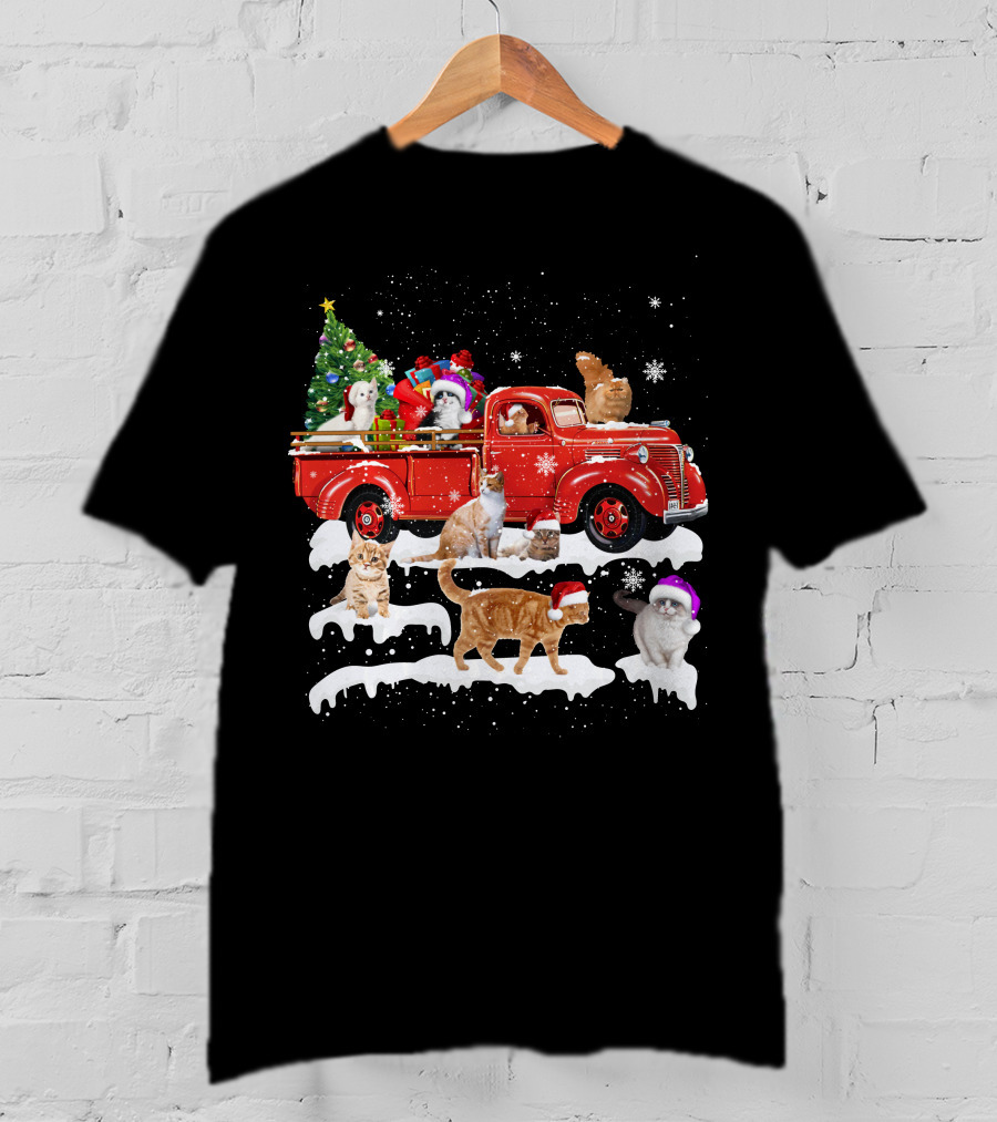 Merry Christmas Cat Riding Red Truck With Kittens And X Mas Tree T-Shirt