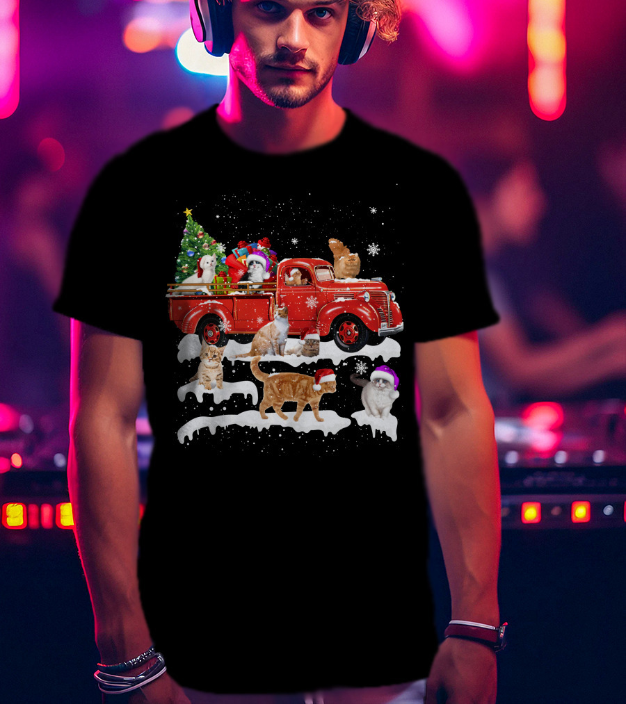Merry Christmas Cat Riding Red Truck With Kittens And X Mas Tree T-Shirt
