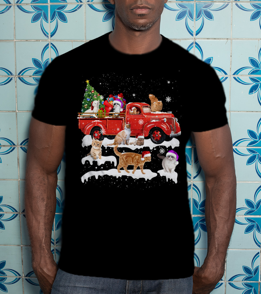 Merry Christmas Cat Riding Red Truck With Kittens And X Mas Tree T-Shirt