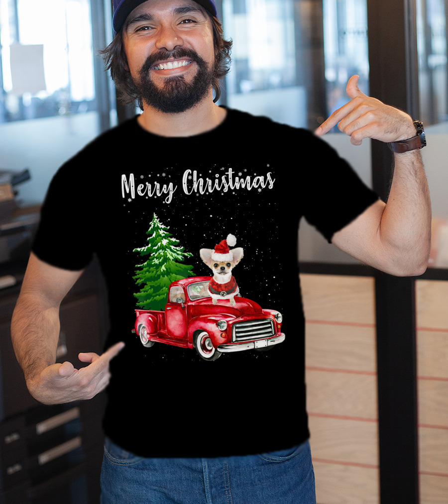Merry Christmas Chihuahua With Santa Hat Riding Red Truck And Christmas Tree T-Shirt