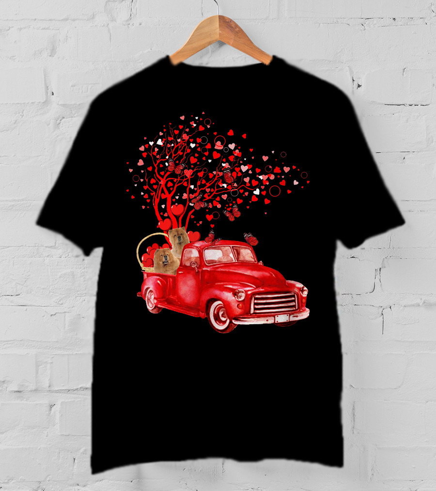 Chow Chow In Red Truck With Butterfly Valentine Heart Tree T-Shirt