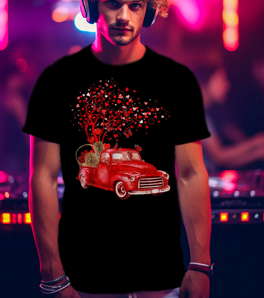 Chow Chow In Red Truck With Butterfly Valentine Heart Tree T-Shirt