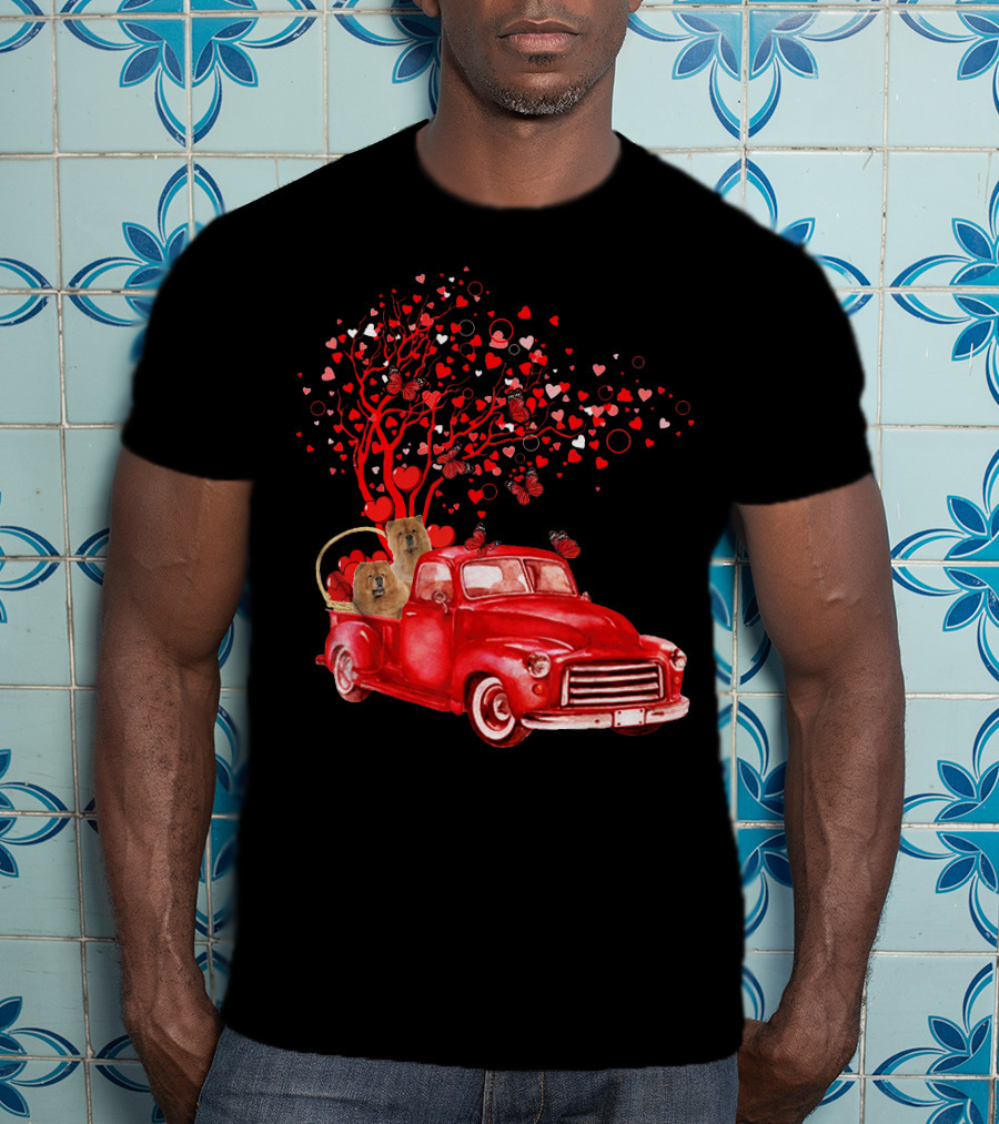 Chow Chow In Red Truck With Butterfly Valentine Heart Tree T-Shirt