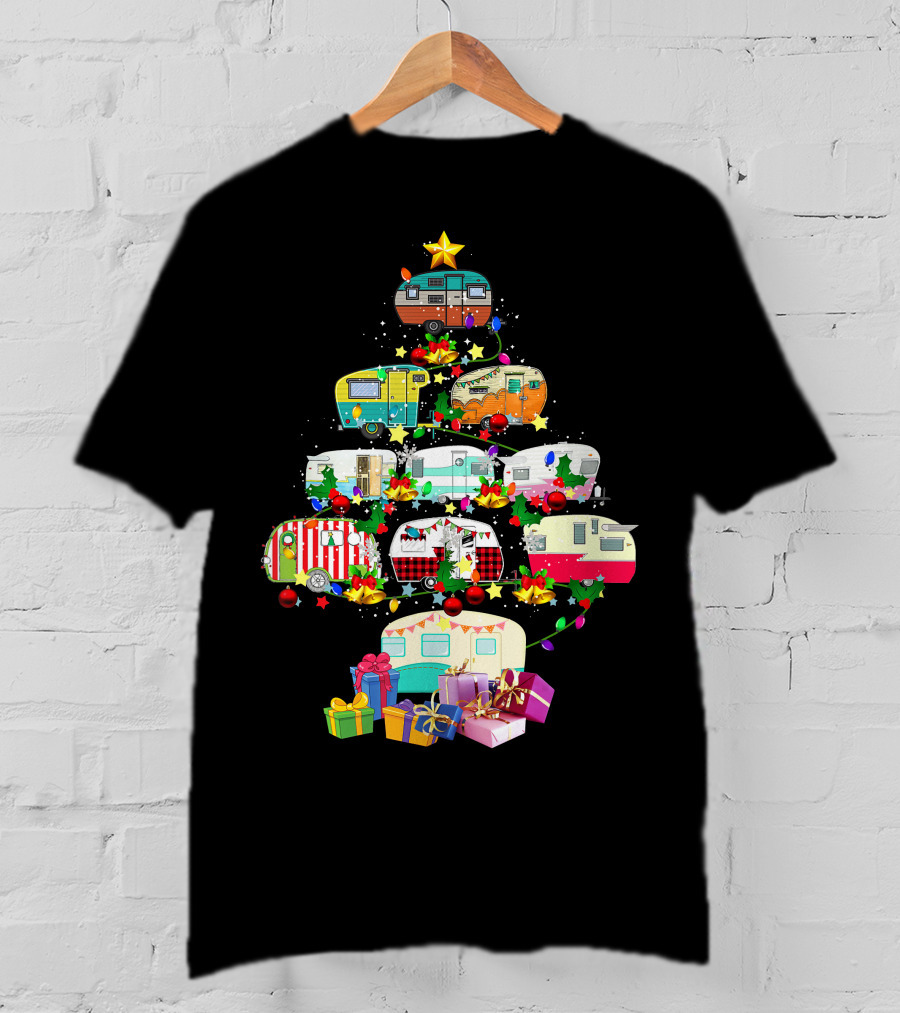 Christmas Camping Lover X Mas Camper Tree With Trucks And Gifts T-Shirt
