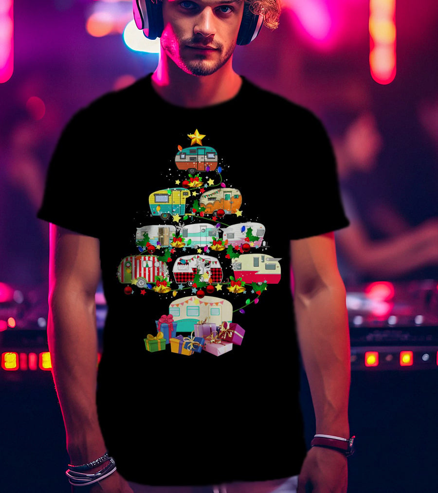 Christmas Camping Lover X Mas Camper Tree With Trucks And Gifts T-Shirt