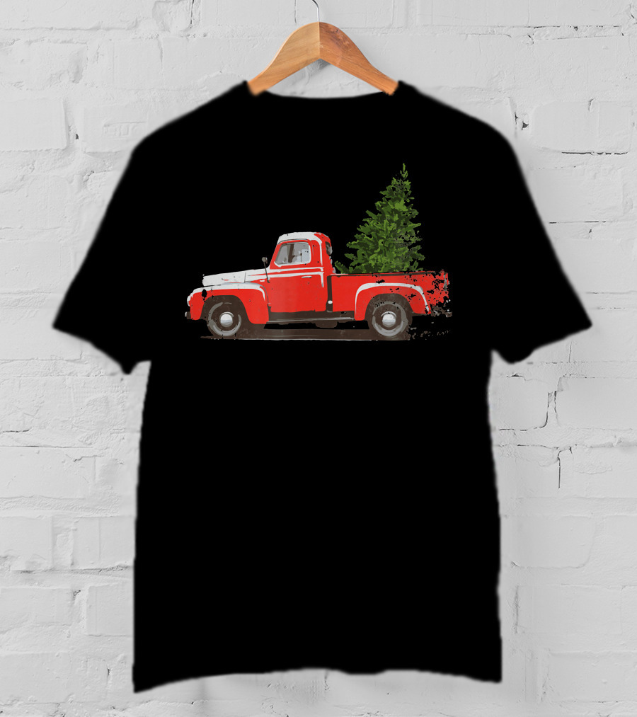 Classic Red Pickup Truck With Christmas Tree T-Shirt
