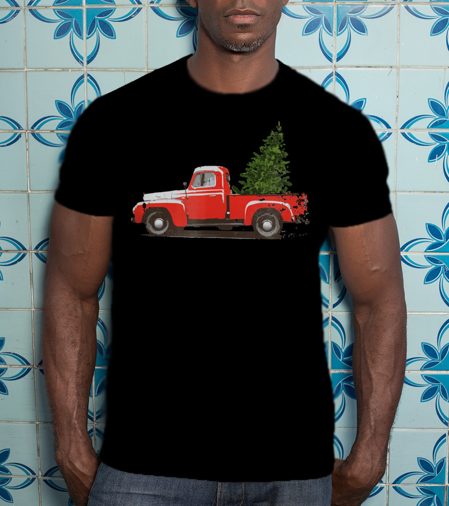 Classic Red Pickup Truck With Christmas Tree T-Shirt