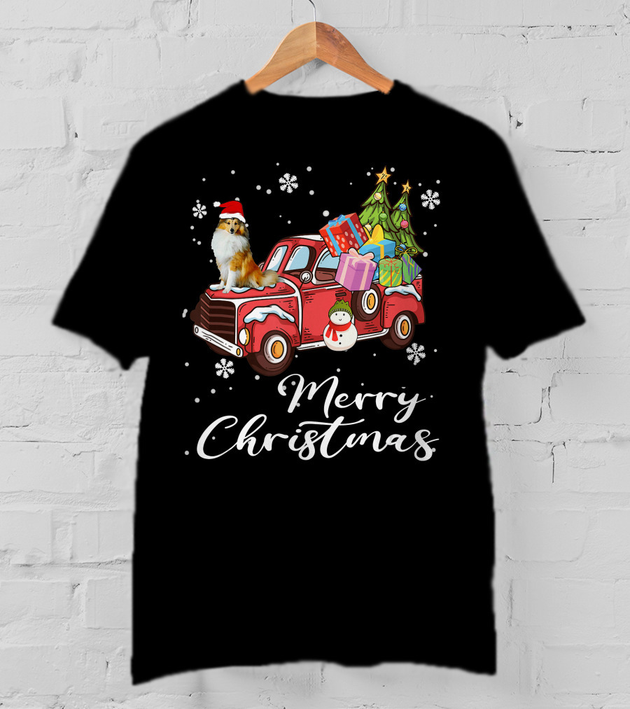 Merry Christmas Collie On Red Truck With Gifts And Snowman T-Shirt