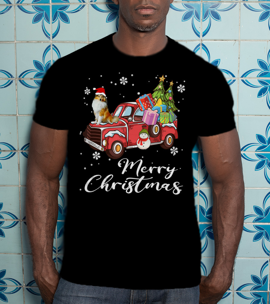 Merry Christmas Collie On Red Truck With Gifts And Snowman T-Shirt