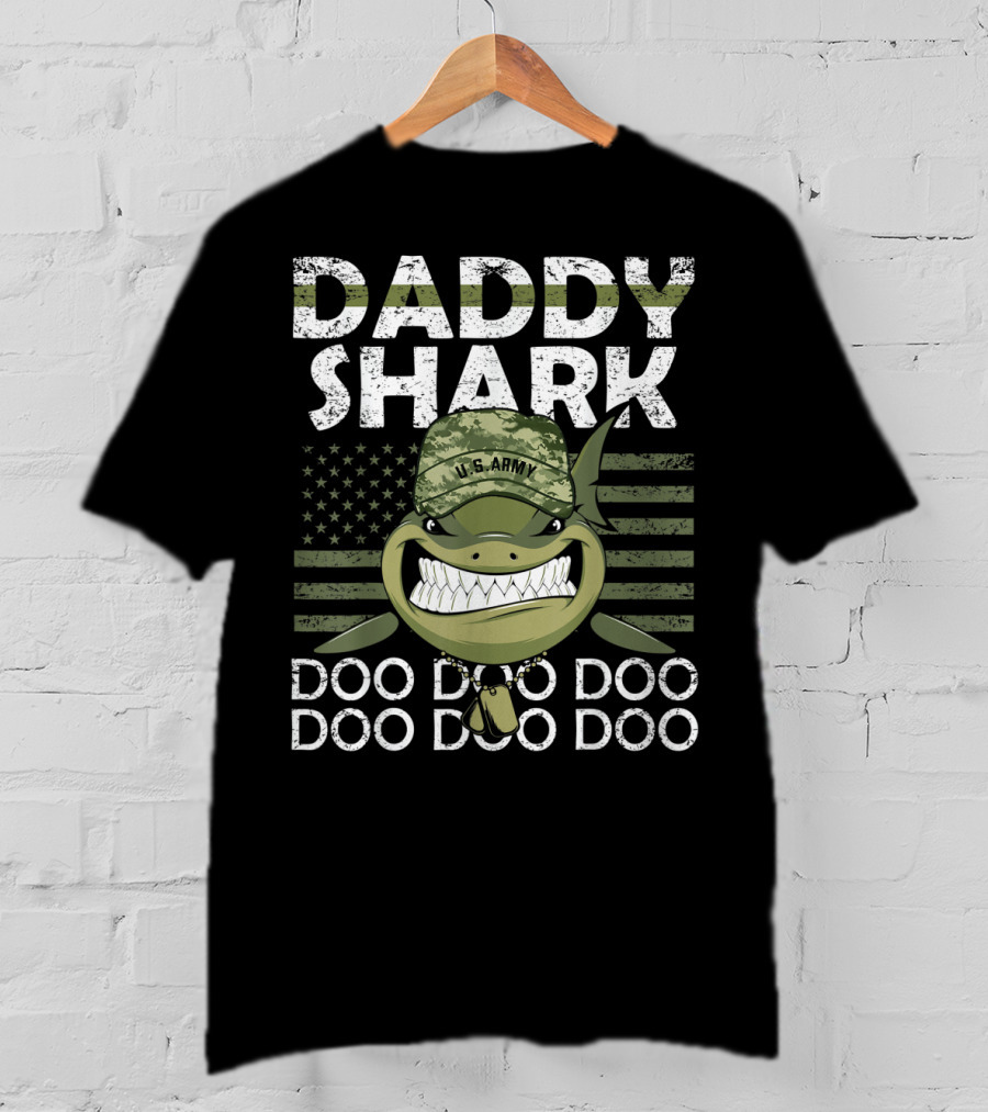 U.S. Army Daddy Shark Doo Doo Doo With American Flag And Military Hat T-Shirt