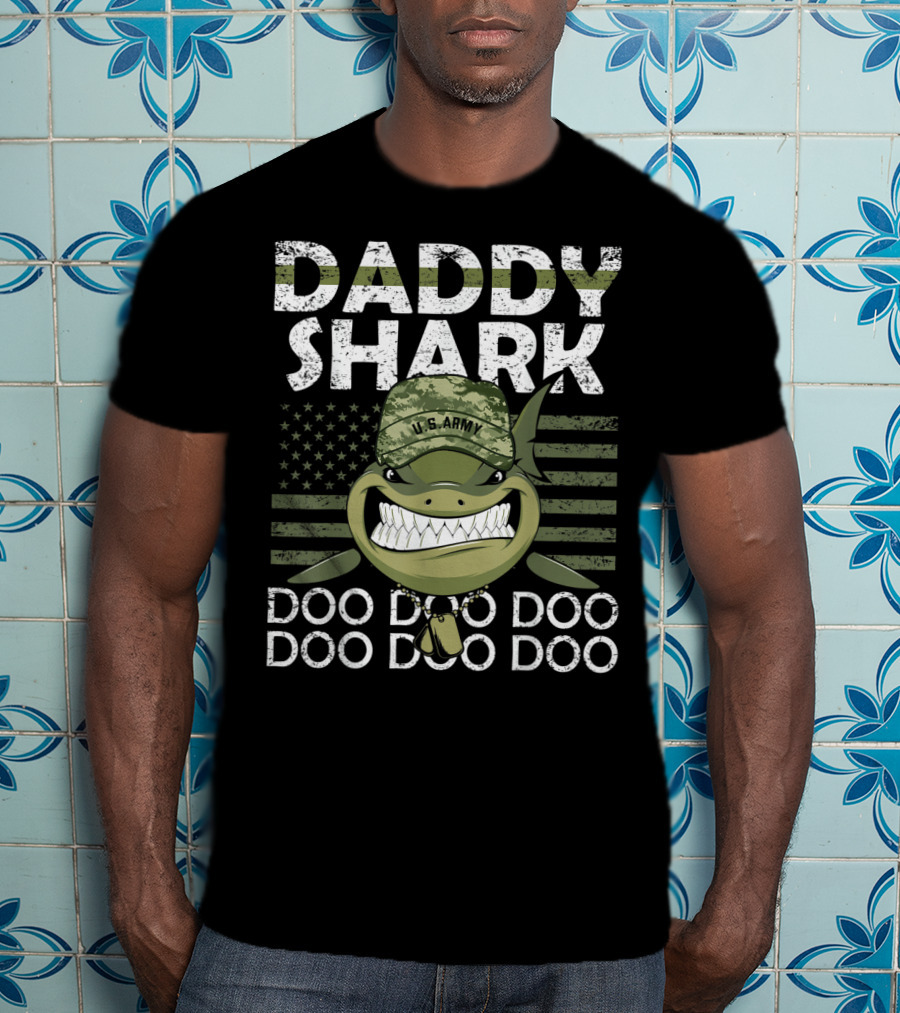 U.S. Army Daddy Shark Doo Doo Doo With American Flag And Military Hat T-Shirt