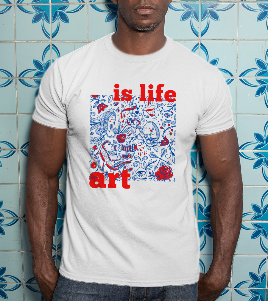 Is Life Art Floral Fantasy In Red And Blue T-Shirt