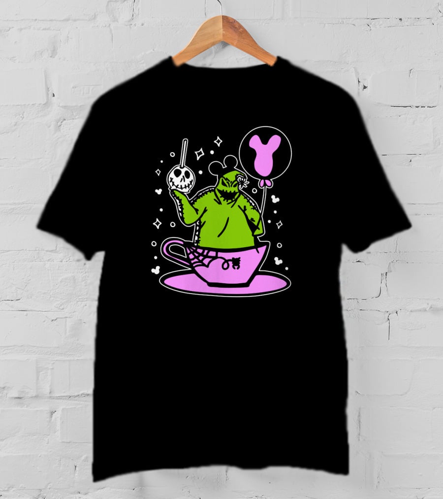 Oogie Boogie In Pink Tea Cup With Mickey Ears Balloon And Spider Details T-Shirt