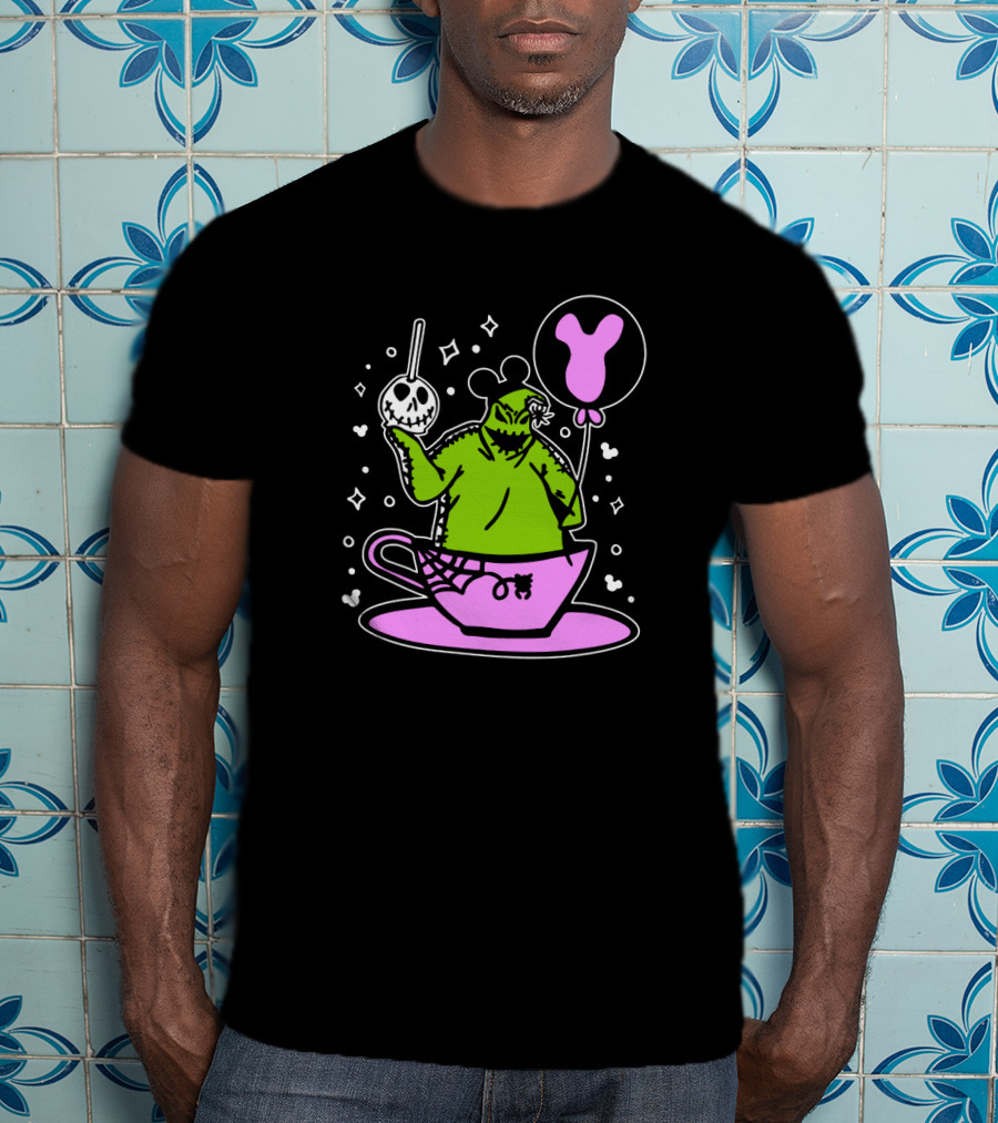 Oogie Boogie In Pink Tea Cup With Mickey Ears Balloon And Spider Details T-Shirt