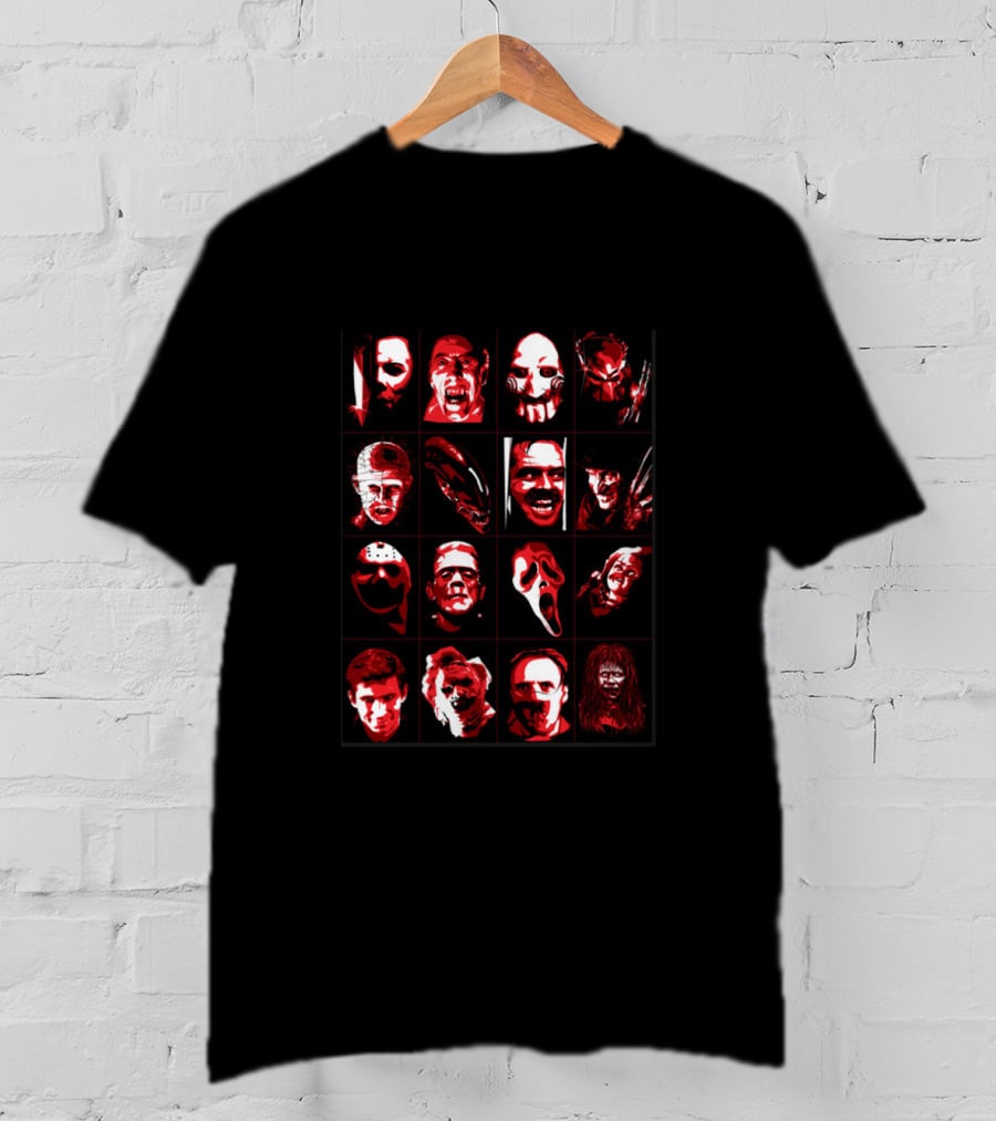 Halloween Horror Icons Collage Featuring Masked Faces And Grinning Villains T-Shirt