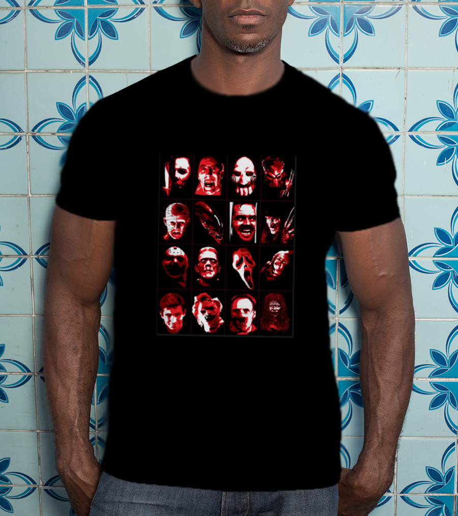Halloween Horror Icons Collage Featuring Masked Faces And Grinning Villains T-Shirt
