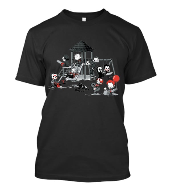 Playground Of Horror Characters In Creepy Swing Set Scene T-Shirt