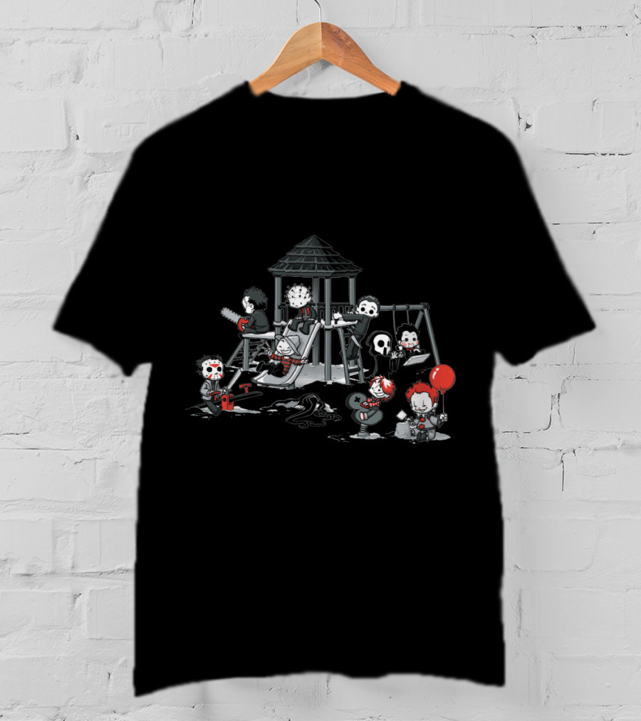 Playground Of Horror Characters In Creepy Swing Set Scene T-Shirt