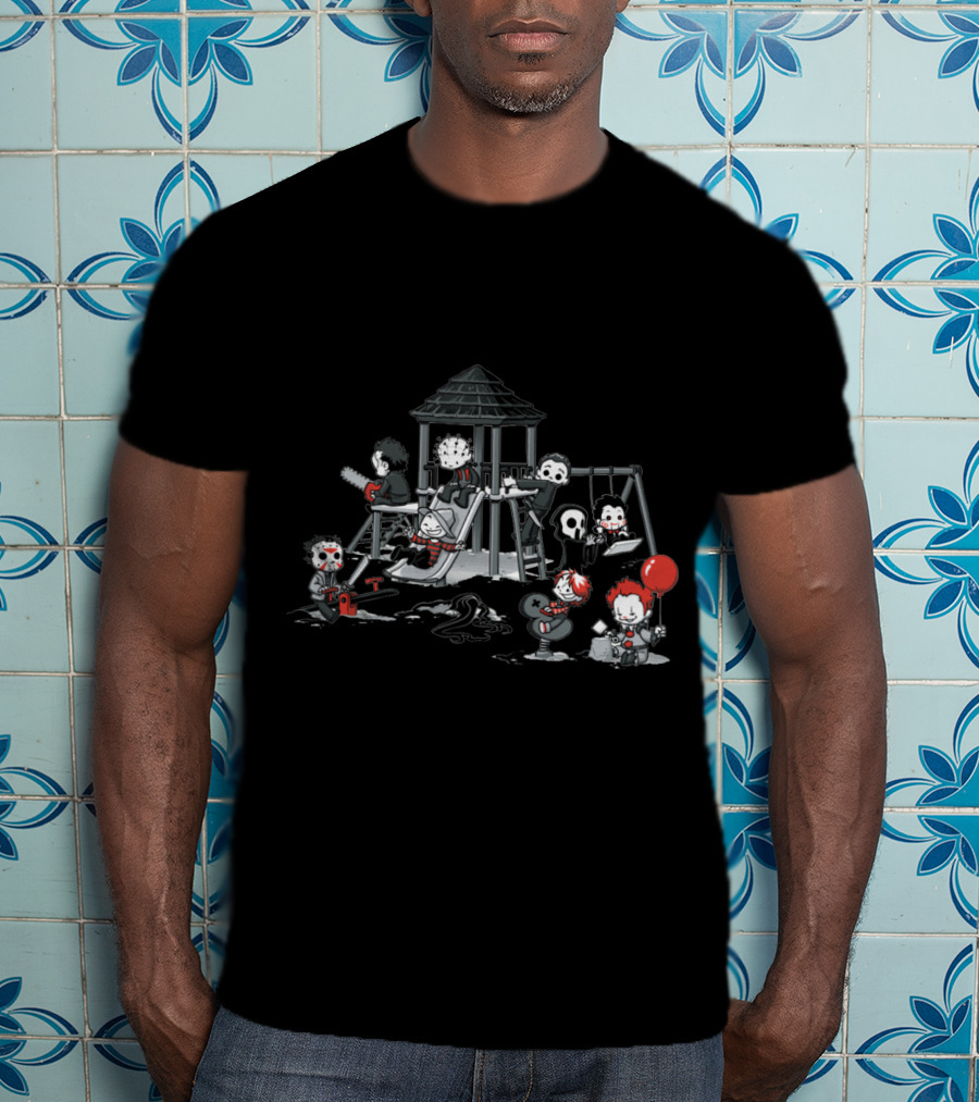 Playground Of Horror Characters In Creepy Swing Set Scene T-Shirt