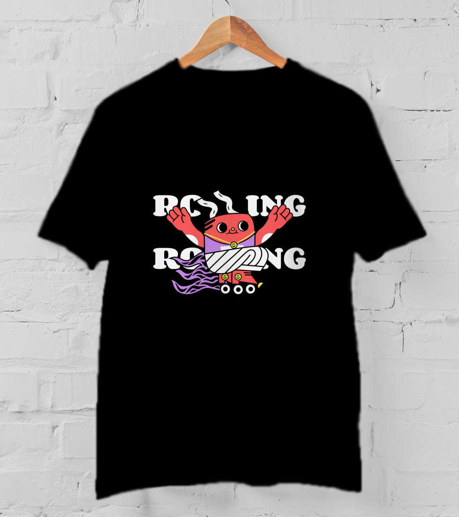 Rolling Cartoon Character With Purple Roller Skates And Wavy Hair T-Shirt