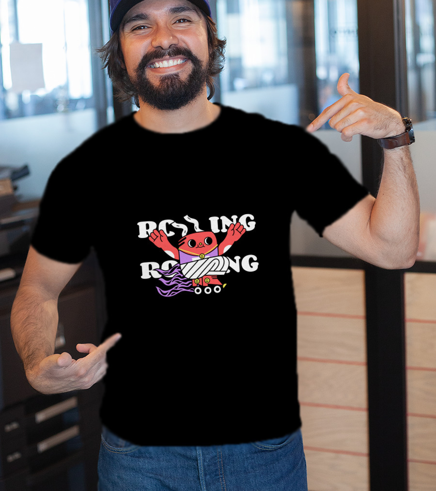 Rolling Cartoon Character With Purple Roller Skates And Wavy Hair T-Shirt