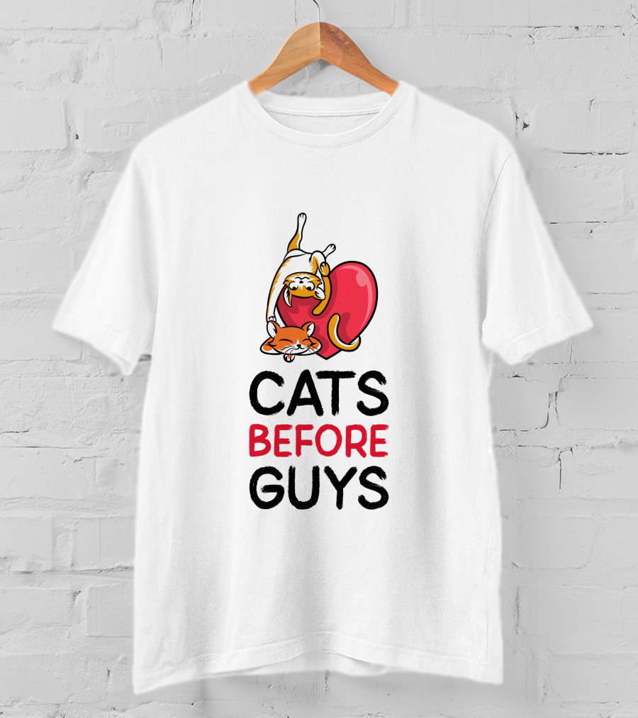 Cats Before Guys Heart Illustration For Pet Lovers T-Shirt
