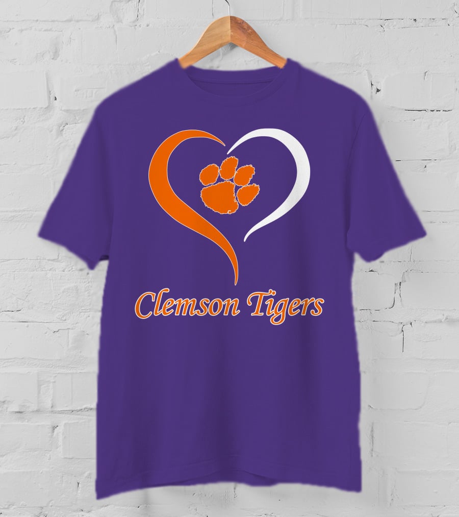 Clemson Tigers Heart Paw Print Purple And Orange T-Shirt