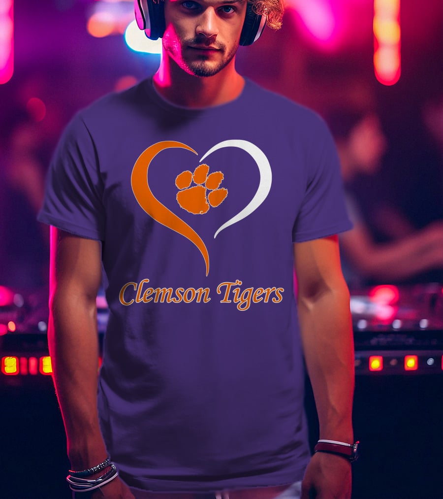 Clemson Tigers Heart Paw Print Purple And Orange T-Shirt