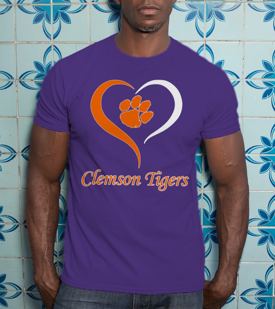 Clemson Tigers Heart Paw Print Purple And Orange T-Shirt