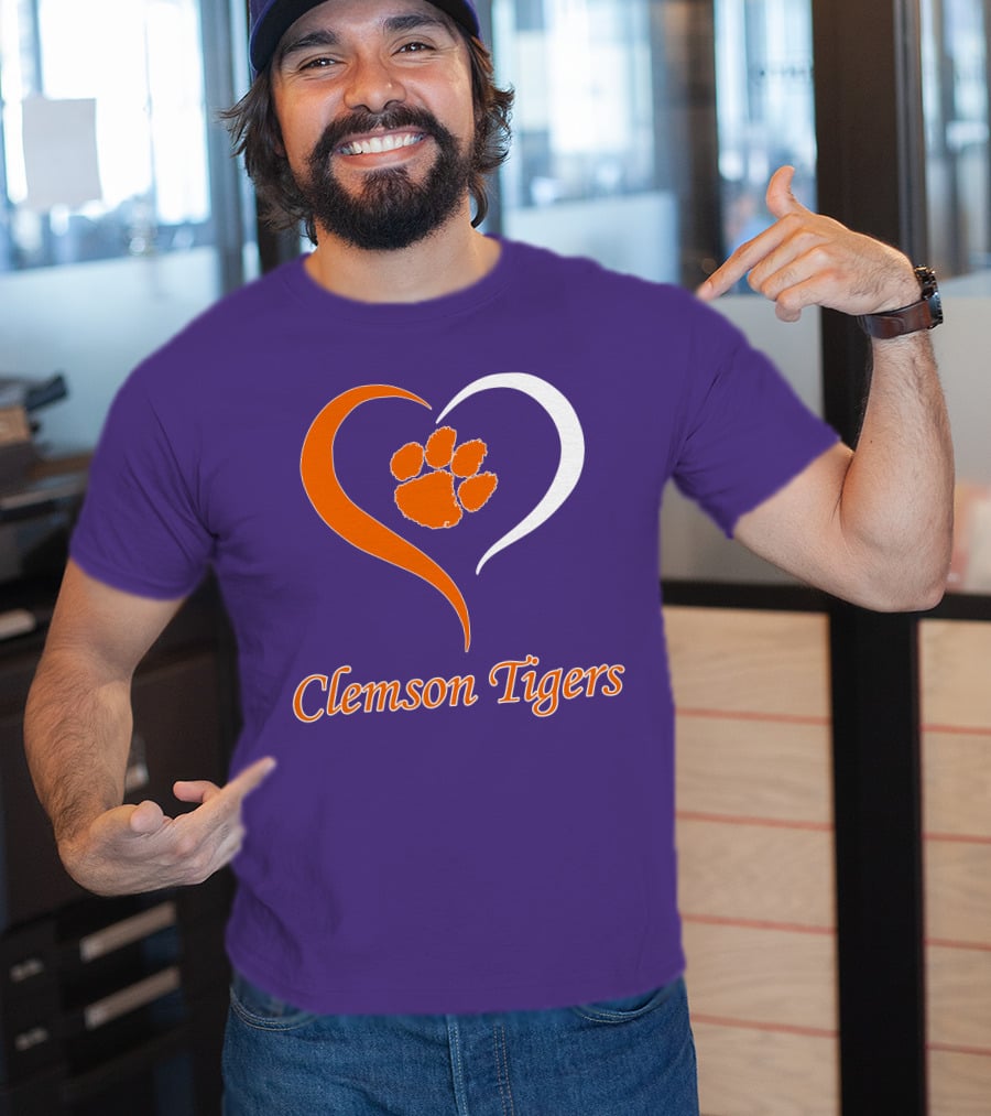 Clemson Tigers Heart Paw Print Purple And Orange T-Shirt