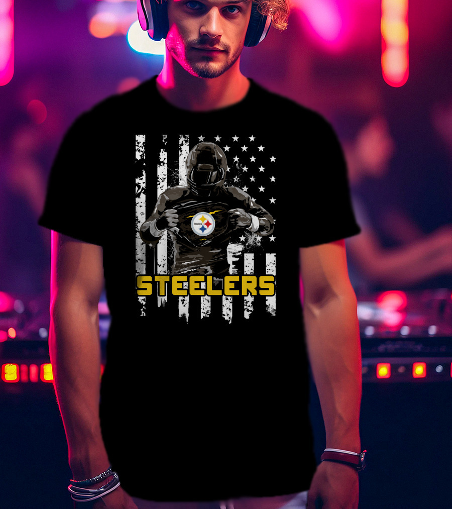 Steelers Player Emblazoned Over Distressed American Flag Iconic T-Shirt