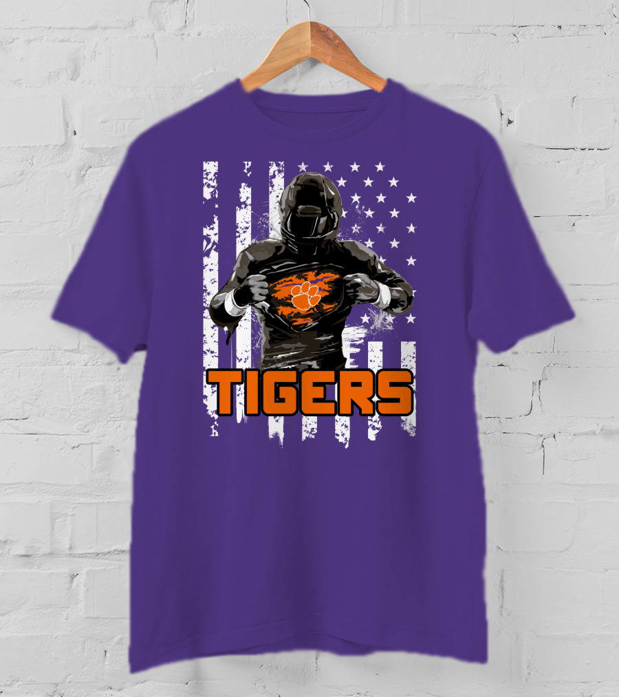 Tigers Player With Paw Logo And Flag Background T-Shirt
