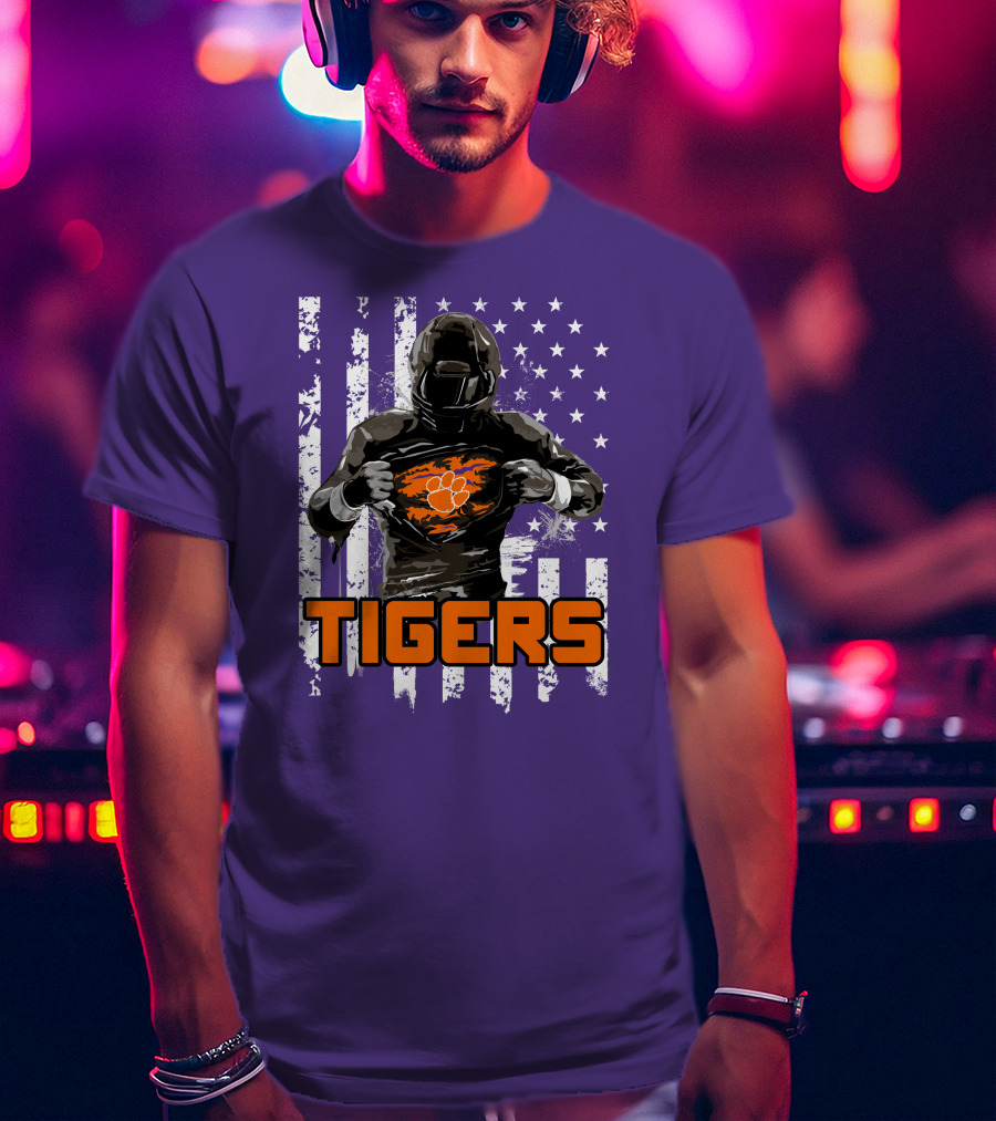 Tigers Player With Paw Logo And Flag Background T-Shirt