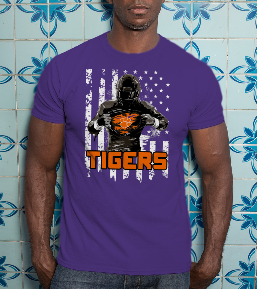 Tigers Player With Paw Logo And Flag Background T-Shirt