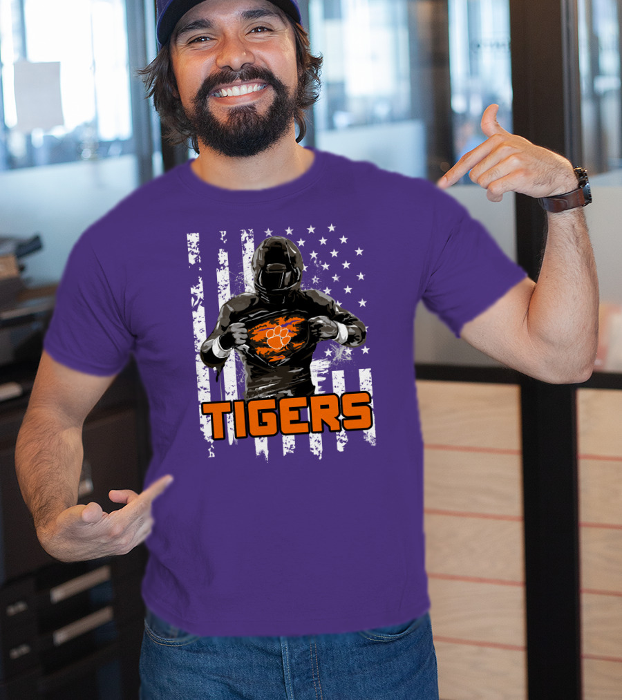 Tigers Player With Paw Logo And Flag Background T-Shirt