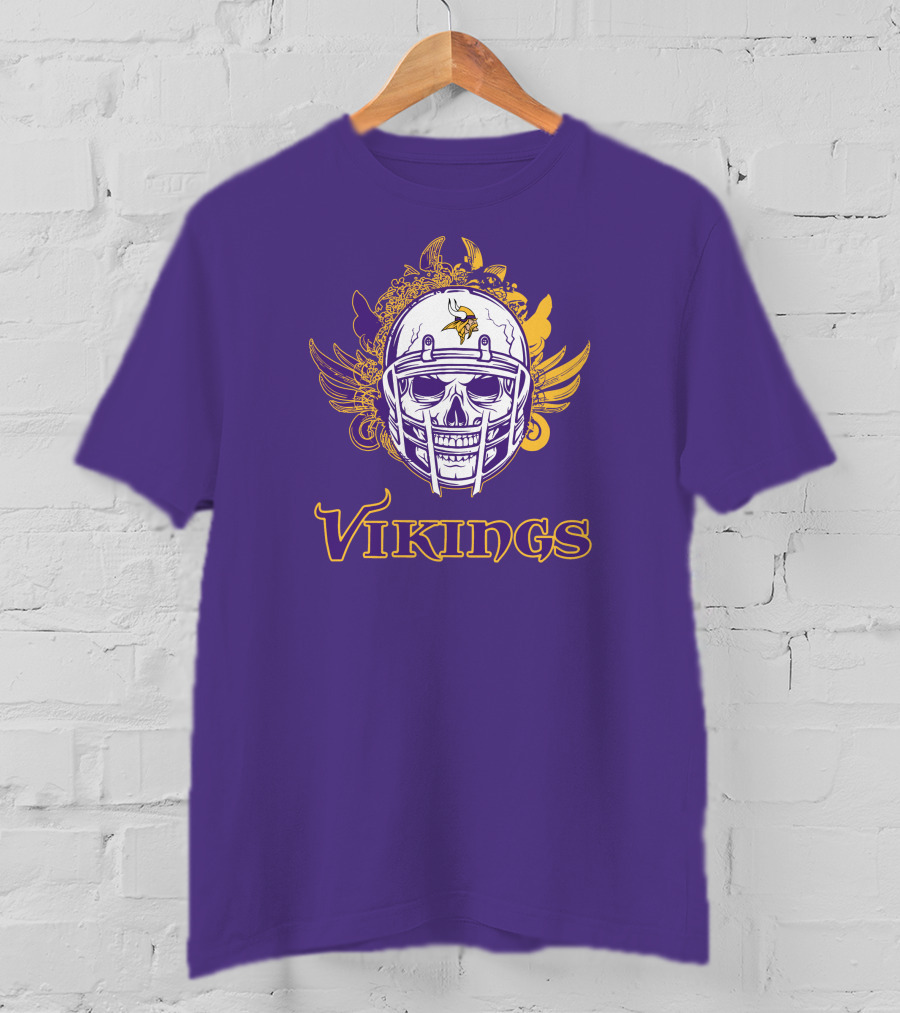 Vikings Skull Helmet With Purple And Yellow Wings T-Shirt