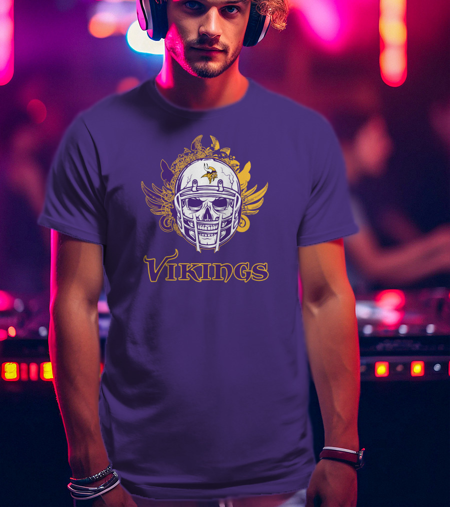 Vikings Skull Helmet With Purple And Yellow Wings T-Shirt
